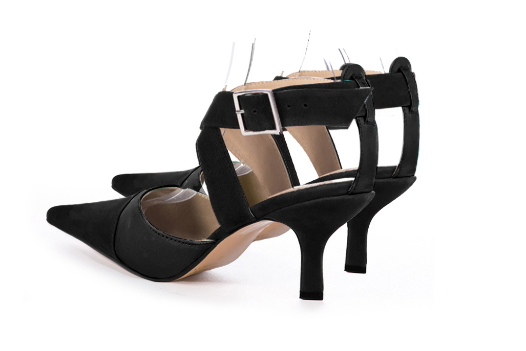 Matt black women's open back shoes, with crossed straps. Pointed toe. High spool heels. Rear view - Florence KOOIJMAN